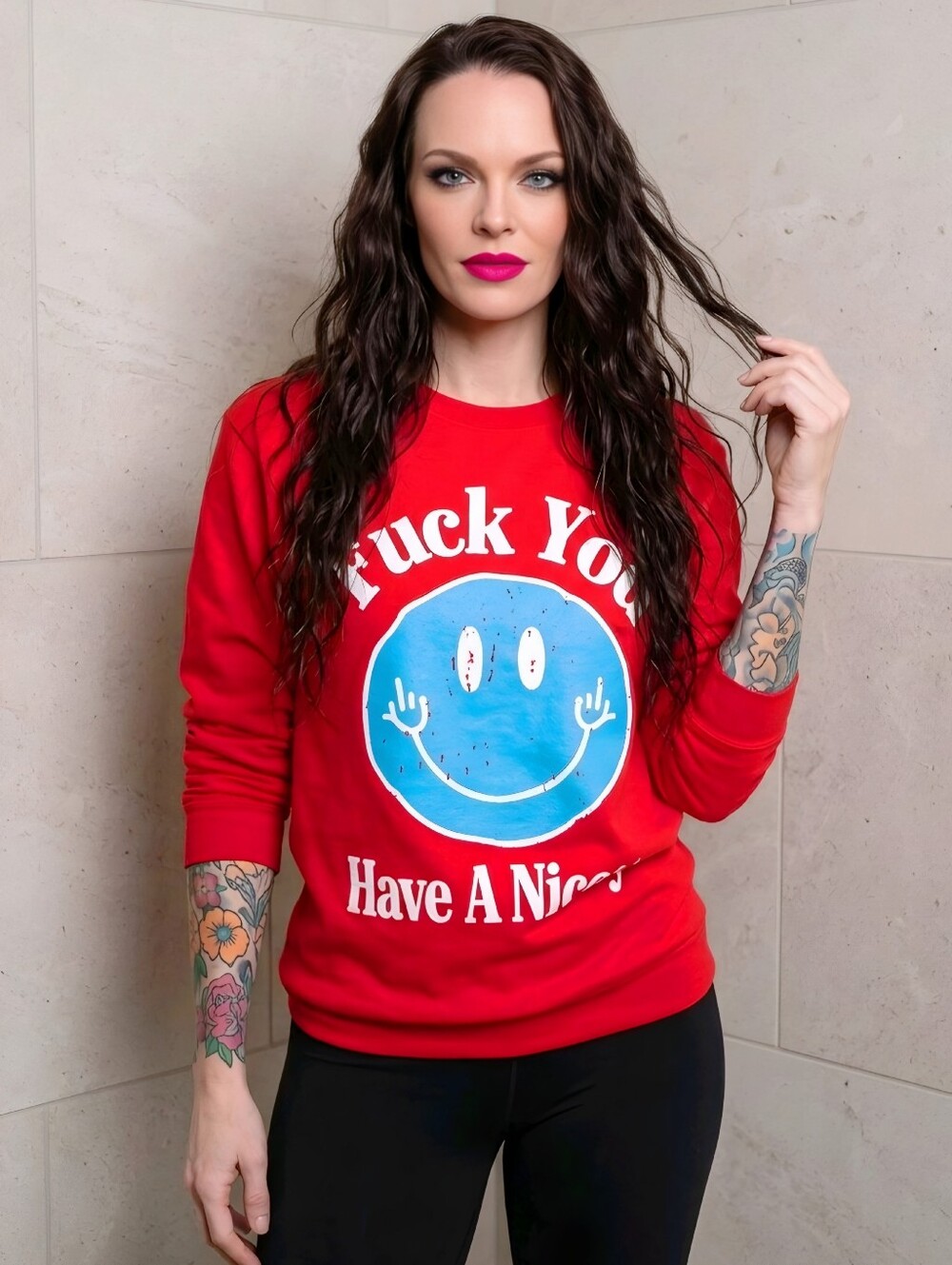 Fashion Nova F You Have A Nice Day Smiley Face Graphic Red Long Sleeve Top Sz S